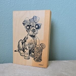 Rubber Stamp JUMBO COOL DOG Puppy Sips Lemonade Commotion Wood Mounted 2421